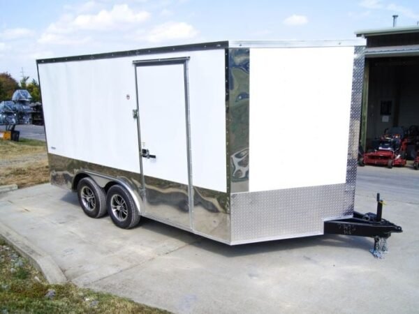 8.5x14 V-Nose Enclosed Trailer - Diamond Plate Floor Storage