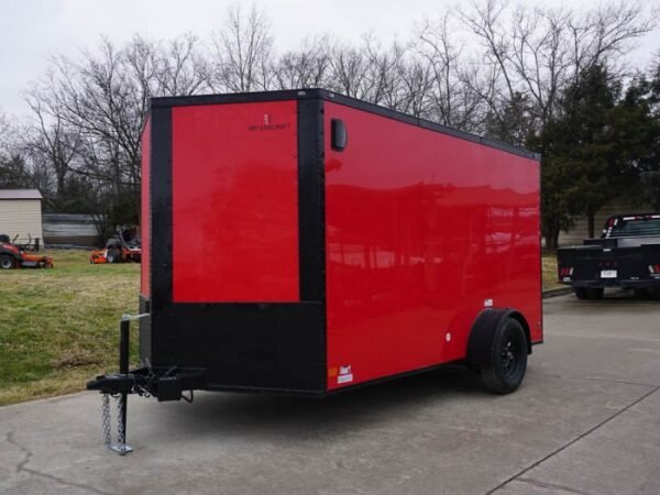 7x12 Enclosed Trailer Red V-Nose Blackout Package 3,500lb Axle Storage